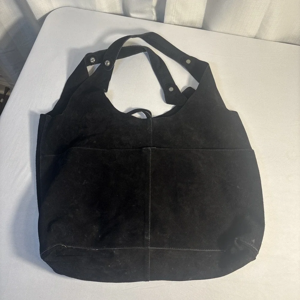 Free People Black 100% Cow Leather Hobo Bag Slouchy Tote Shoulder Purse India